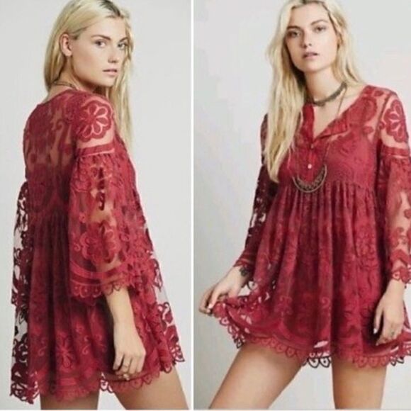 Free people Jens Pirate Booty lace Embroidered Bell Sleeves Festival Boho Dress - Picture 1 of 7